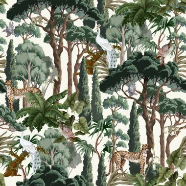 Seamless pattern with trees, bushes and animals. Vector.
