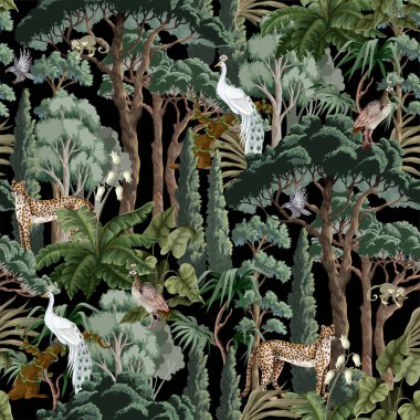 Seamless pattern with trees, bushes and animals. Vector.