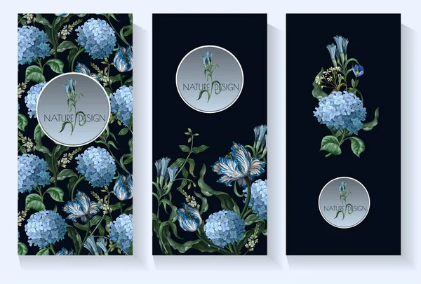 Cards with blue hydrangeas and other flowers isolated. Vector.