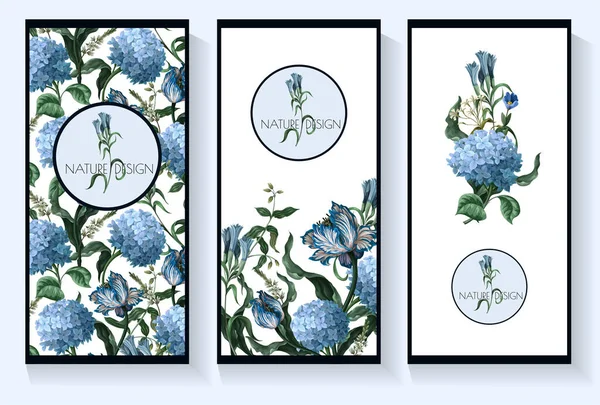 Cards with blue hydrangeas and other flowers isolated. Vector.