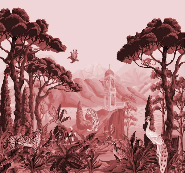 Landscape Mountains Sea Trees Alcove Monochrome Interior Print — Image vectorielle