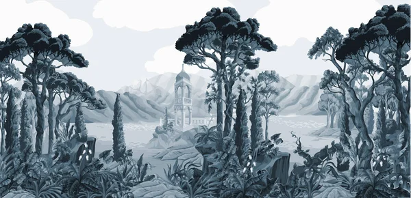 Landscape Mountains Sea Trees Alcove Monochrome Interior Print — Stockový vektor
