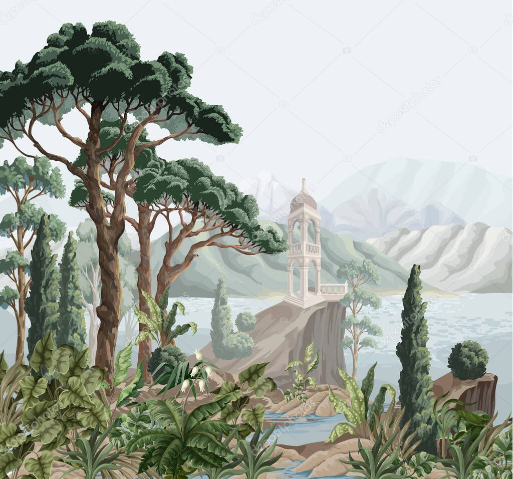 Landscape with mountains, sea, trees and alcove. Interior print