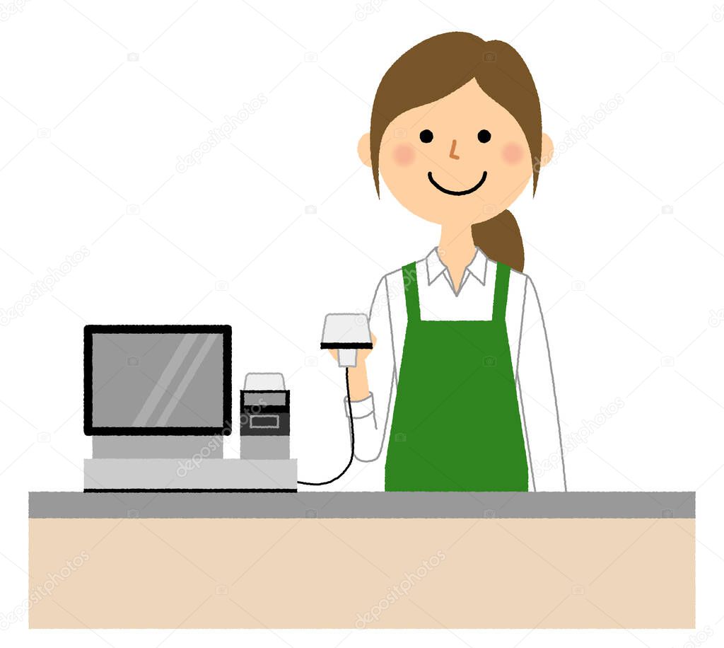 Female clerk,Cash register/It is an illustration of a female clerk who works at a cashier counter.