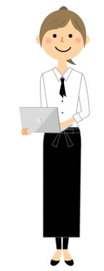 Kafe kâtibi dizüstü bilgisayar kullanıyor. Dizüstü bilgisayar kullanan bir katip çizimi..