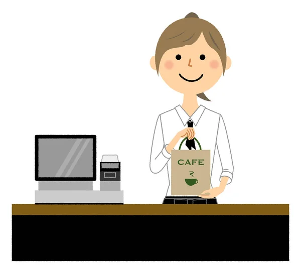 Cafe Clerk Handing Out Takeaway Products Illustration Cafe Clerk Handing — Stock Vector