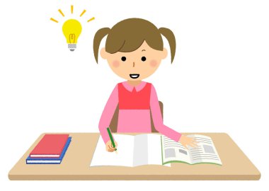 Ders çalışan, anlayan bir kız. Ders çalışan bir kızın çizimi..