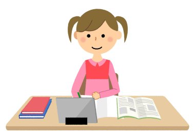 Çevrimiçi ders alan kız / Online ders alan bir kızın resmi..