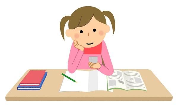 Akıllı Telefonuna Dokunarak Ders Çalışmayı Eken Bir Kız Ders Çalışmayı — Stok Vektör