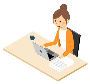 Isometric illüstrasyon, uzaktan çalışan bir kişinin görüntüsü.