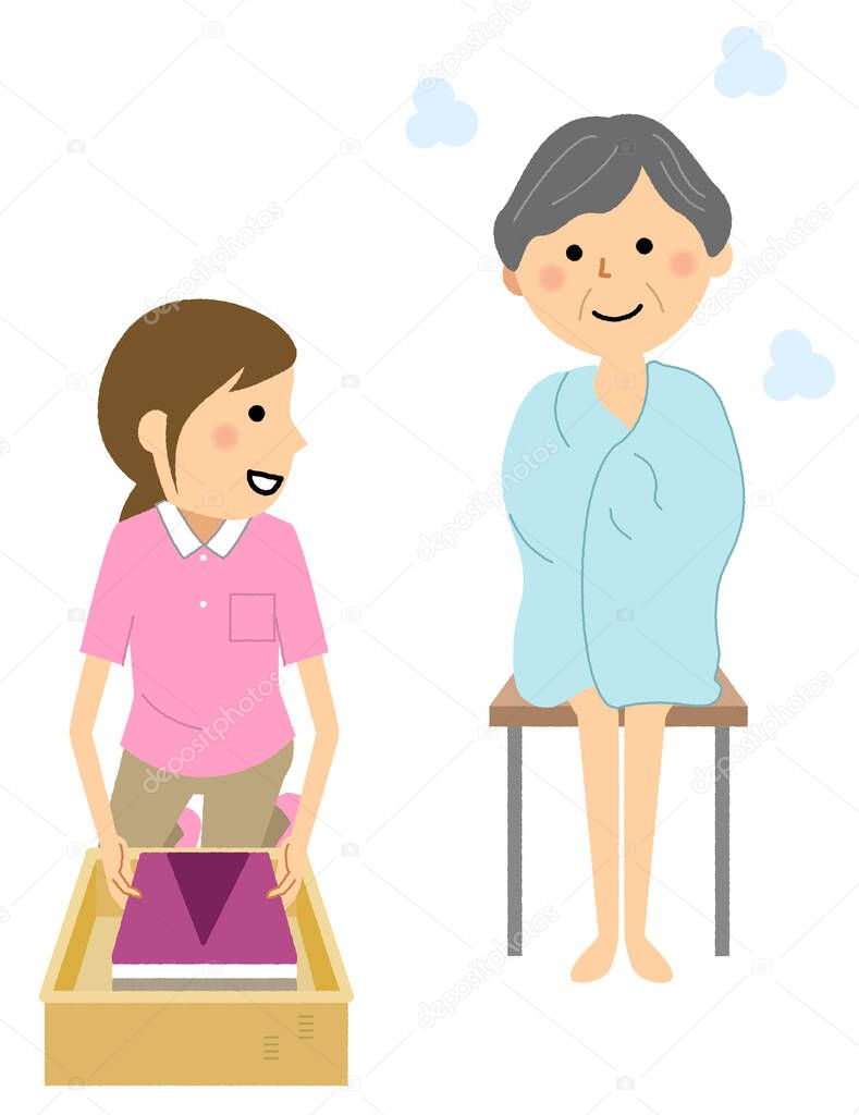 Elderly woman after taking a bath/It is an illustration of an elderly woman after taking a bath.