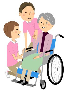 Tekerlekli sandalyedeki yaşlılar ve uzun süreli bakım personeli / Tekerlekli sandalyedeki yaşlıların ve bakım personelinin bir gösterimidir.