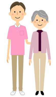 Yaşlı kadınlar ve erkek bakıcılar / Yaşlı bir kişi ve bakıcı resmedilmiş.