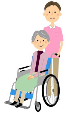 Tekerlekli sandalyedeki yaşlı bir insanın ve bakıcının resmi..