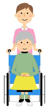 Tekerlekli sandalyedeki yaşlı bir insanın ve bakıcının resmi..