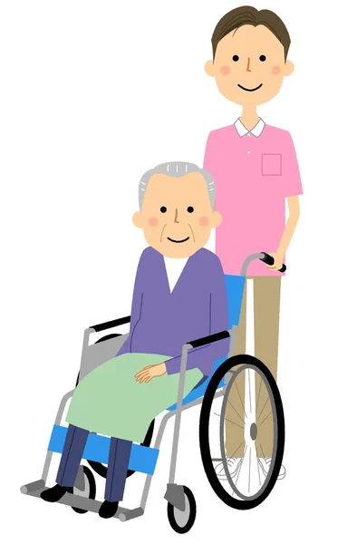 老年人和照料者坐在轮椅上 这是一个老年人坐在轮椅上和照料者的例子 — 图库矢量图片
