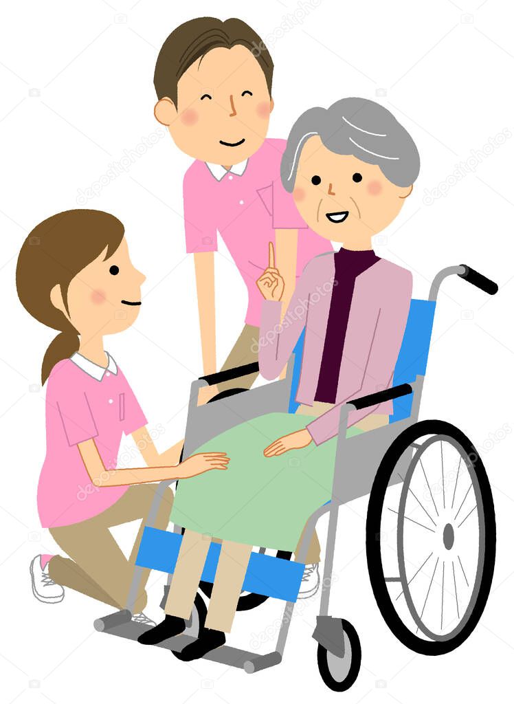 Elderly people in wheelchairs and long-term care staff/It is an illustration of elderly people in wheelchairs and care staff.