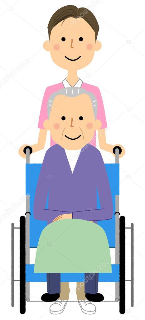 Elderly man and caregiver sitting in a wheelchair/It is an illustration of an elderly man sitting in a wheelchair and a caregiver.
