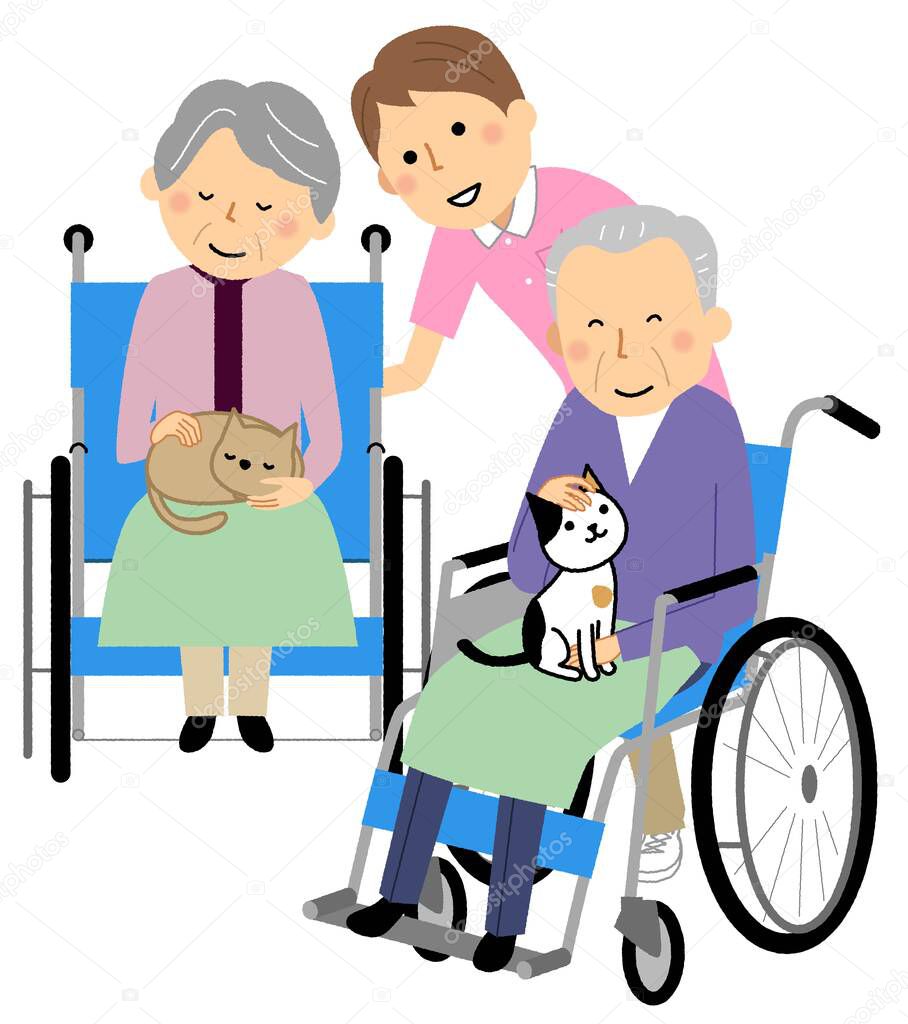 Elderly people and caregivers receiving animal therapy/It is an illustration of elderly people and caregivers who receive animal therapy.