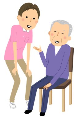 Bir sandalyede oturan yaşlı bir adam ve bakıcı. Bir sandalyede oturan yaşlı bir adamın ve bir bakıcının resmi..