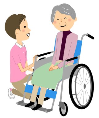 Tekerlekli sandalyedeki yaşlı bir insanın ve bakıcının resmi..