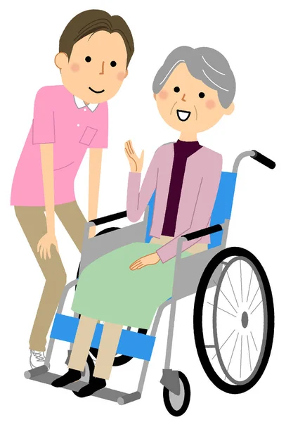 Tekerlekli Sandalyedeki Yaşlı Bir Insanın Bakıcının Resmi — Stok Vektör