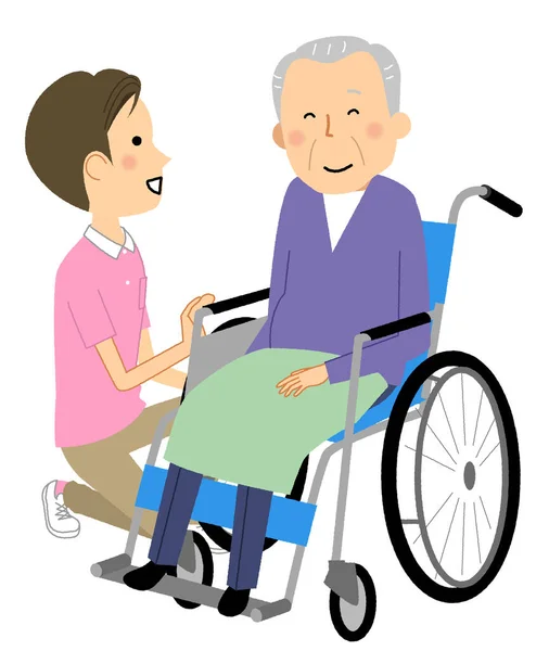 Ηλικιωμένος Άνδρας Και Φροντιστής Κάθεται Αναπηρική Καρέκλα Είναι Μια Εικόνα — Διανυσματικό Αρχείο