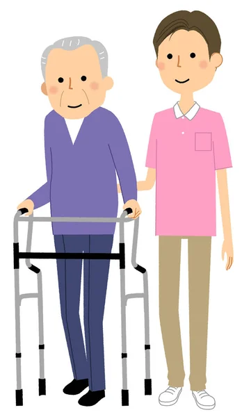 Nrusing Care Staff Assist Elderly Walking Uma Ilustração Uma Equipe —  Vetores de Stock