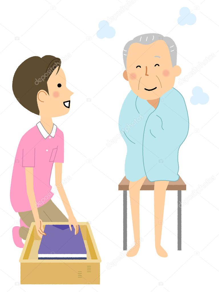 Elderly man after taking a bath/It is an illustration of an elderly man after taking a bath.
