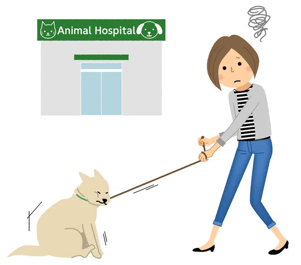 Young Woman Dog Who Hates Going Hospital Illustration Young Woman — стоковый вектор