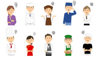 Troubled, people working in restaurants/It is an illustration of people working at a restaurant who are in trouble.