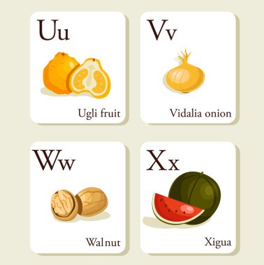 Fruits and vegetables alphabet cards clipart