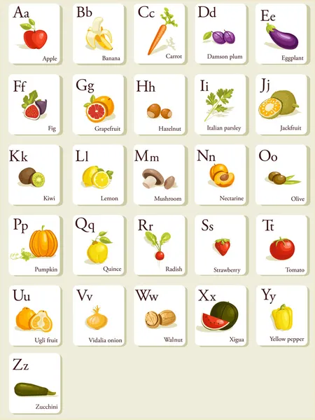 Groenten en fruit alfabet kaarten — Stockvector