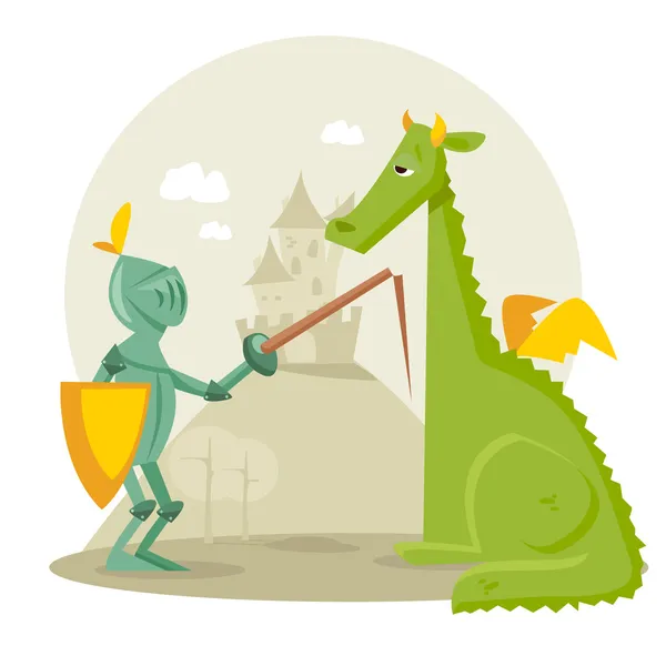 Cavaliere dei cartoni animati con drago — Vettoriale Stock