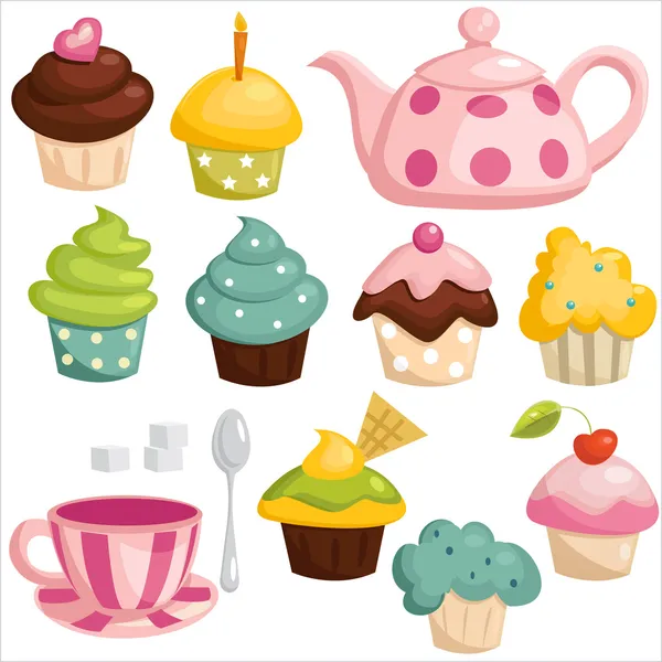 Tea set and cupcakes — Stock Vector