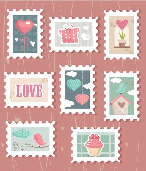 Set of valentines day postage stamps — Stock Vector