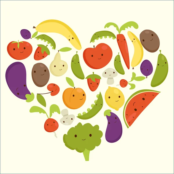 Meyve ve sebze kalp şekli — Stok Vektör