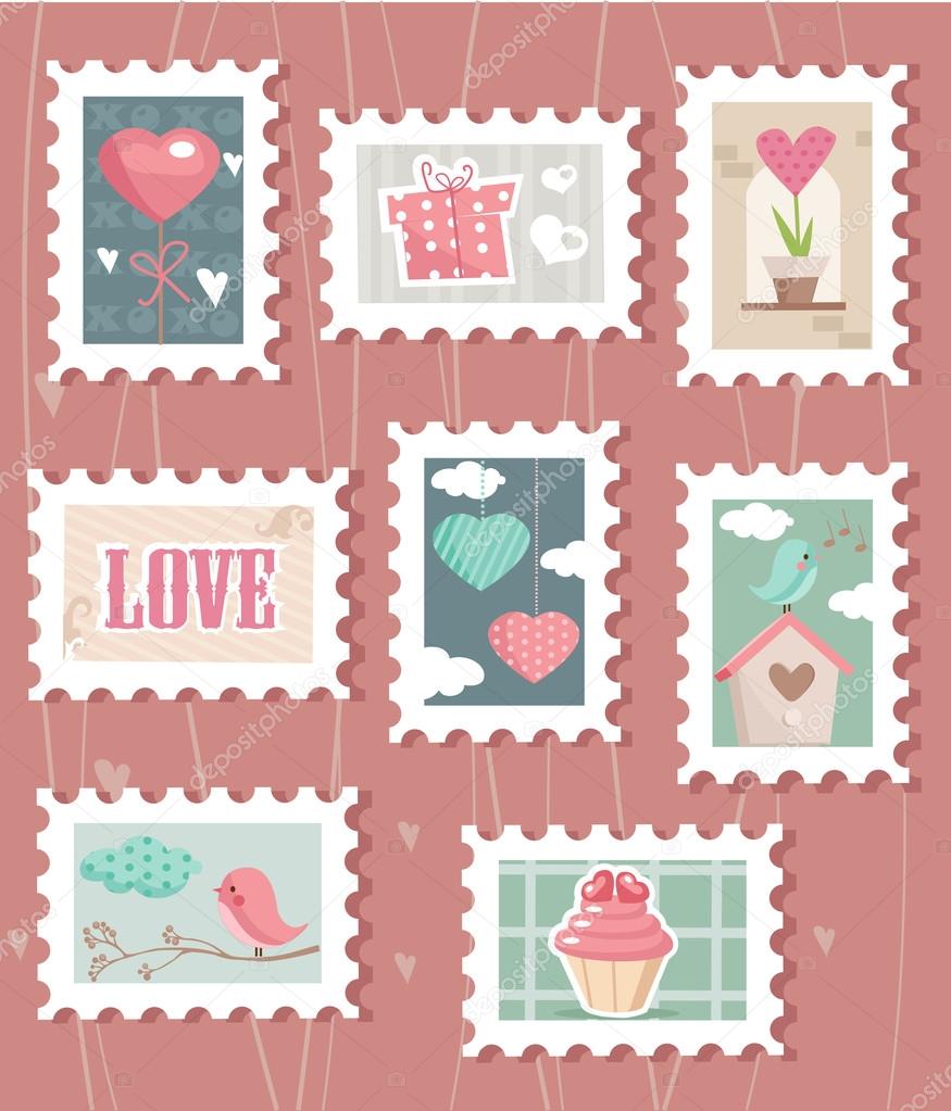 Set of valentines day postage stamps