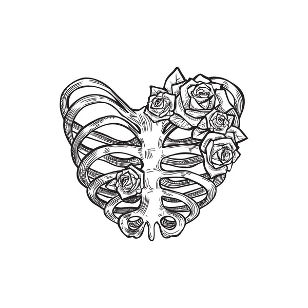 Corazón Esqueleto Blanco Negro Con Rosas Ilustración Vectorial — Vector de stock