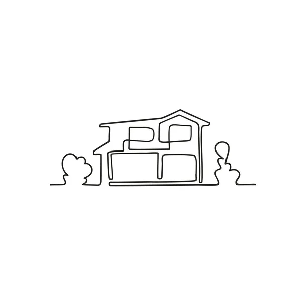 Dibujo Una Sola Línea Una Casa Con Árboles Ilustración Vectorial — Archivo Imágenes Vectoriales