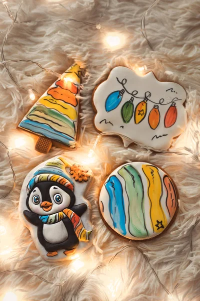 Set plano de coloridas galletas de canela de jengibre arco iris para niños sobre fondo de ligths navidad. Dulce regalo para el día de Navidad. — Foto de Stock