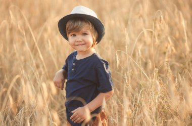 Portrait of adorable and cute caucasian little boy 2-3 years old in a straw hat walking and playing in a wheat field on a summer day at sunset 