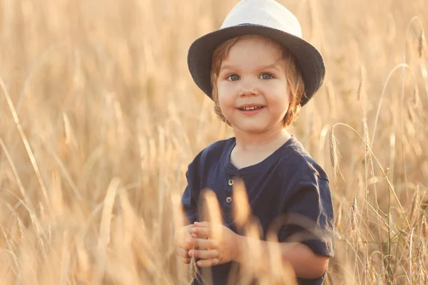 Close up portrait of cute caucasian little boy 2-3 years old in a straw hat walking and playing in a wheat field on a summer day at sunset — Stock fotografie