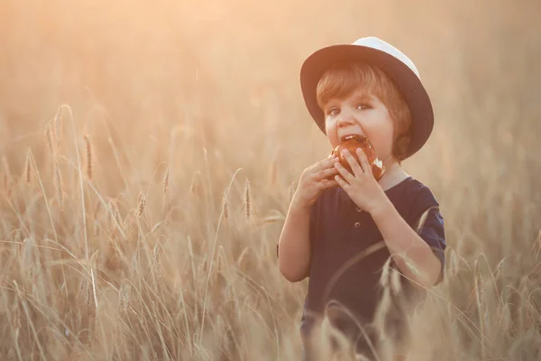 Cute and funny little boy 2-3 years old in a straw hat eating a fresh sweet bun in a wheat field on a summer day at sunset — Stockfoto