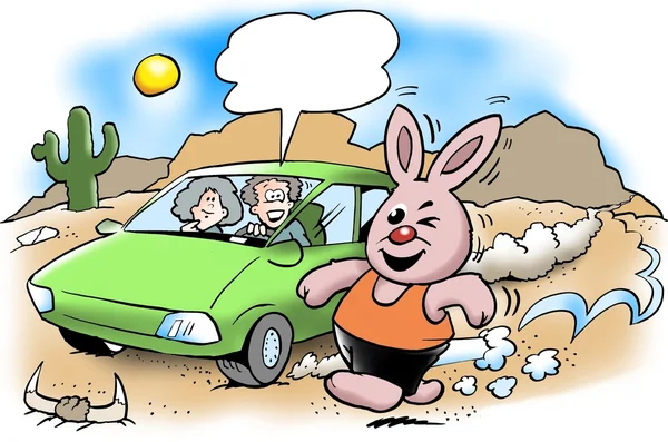 The rabbit runs much stronger than the electric car — Stock Photo, Image