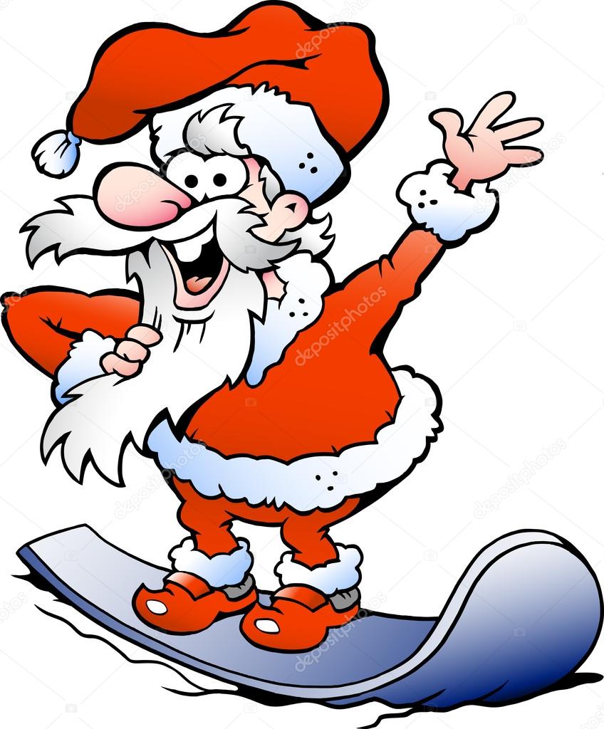 Hand-drawn Vector illustration of an Happy Santa on snowboard