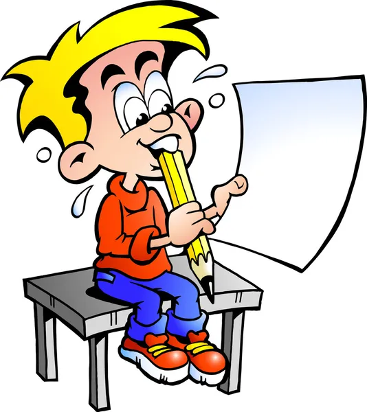 çizilmiş vektör çizim ile bir masada oturan bir genç okullu çocuk