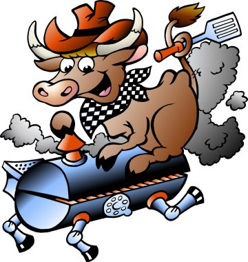 Hand-drawn Vector illustration of an Cow riding a BBQ barrel clipart