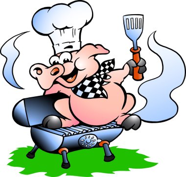 Hand-drawn Vector illustration of an Chef Pig standing on a BBQ barrel clipart