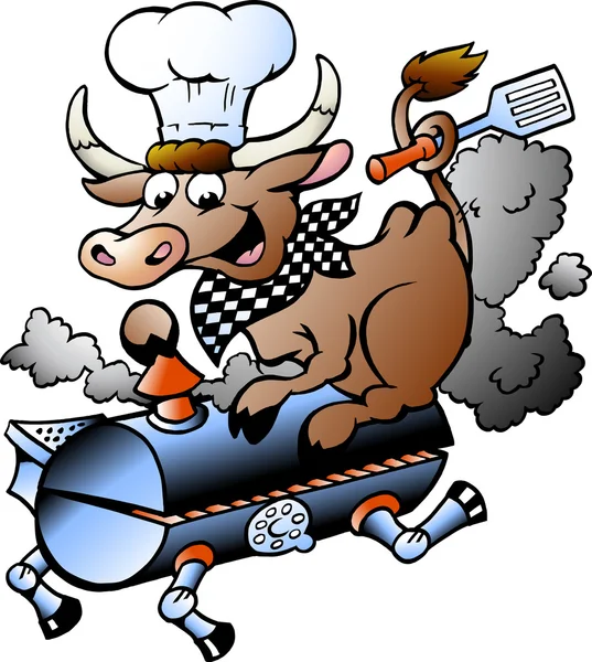 Ilustración vectorial dibujada a mano de una vaca chef montando un barril de barbacoa — Archivo Imágenes Vectoriales